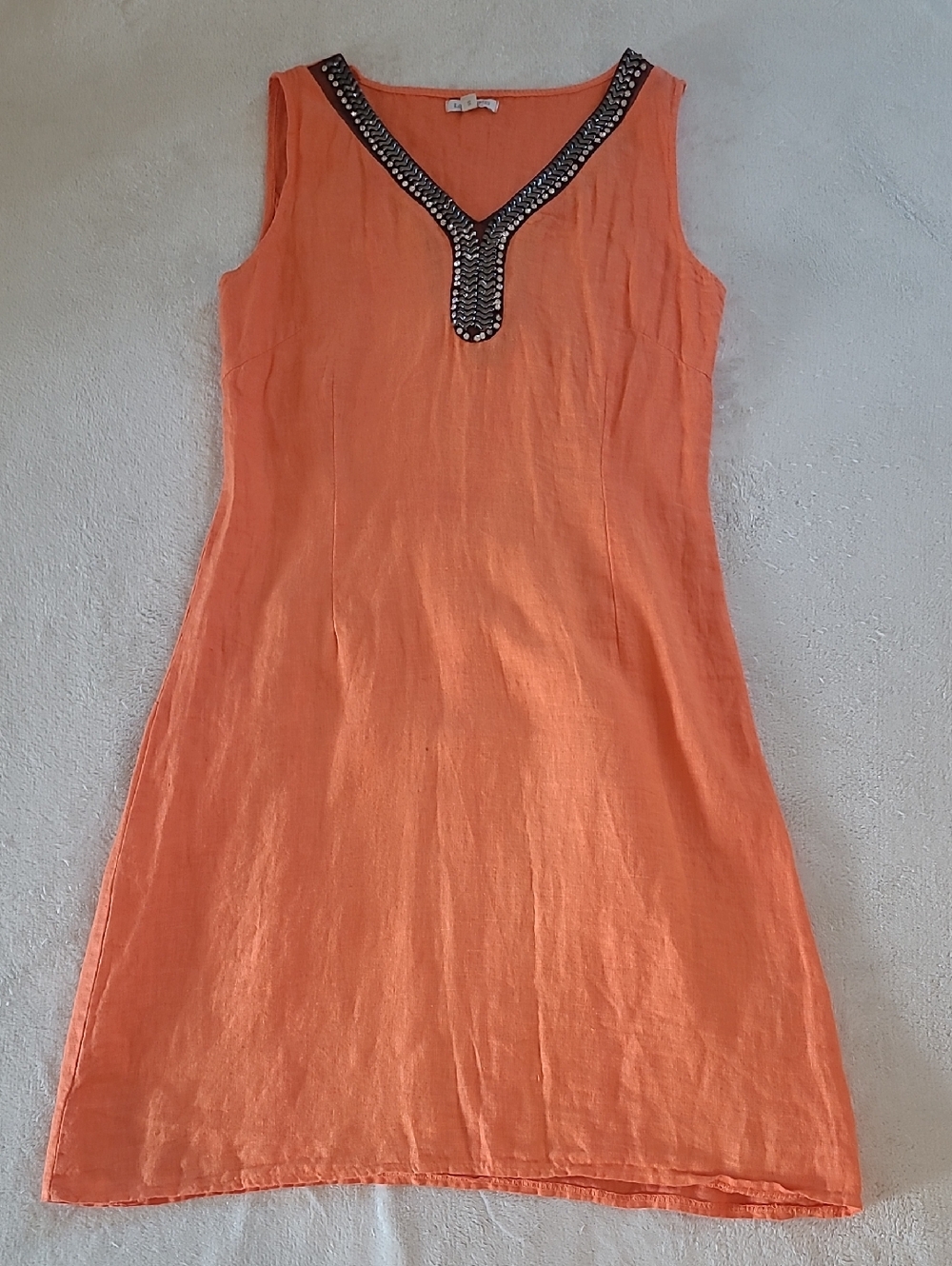 Lina Tomei Linen Dress Womens Small Orange Embellished Sleeveless Made in Italy